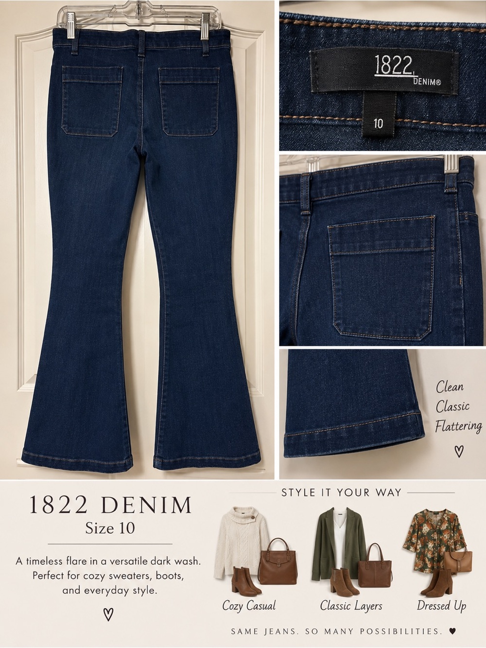 1822 Denim Dark Blue Flare Wide-Leg Jeans